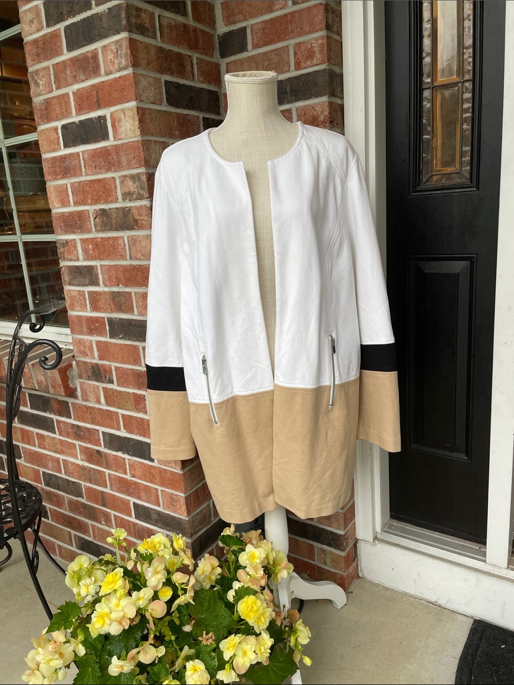 Chico’s Open Front Cardigan Black Tan and White Top Sz XL Chico’s 3